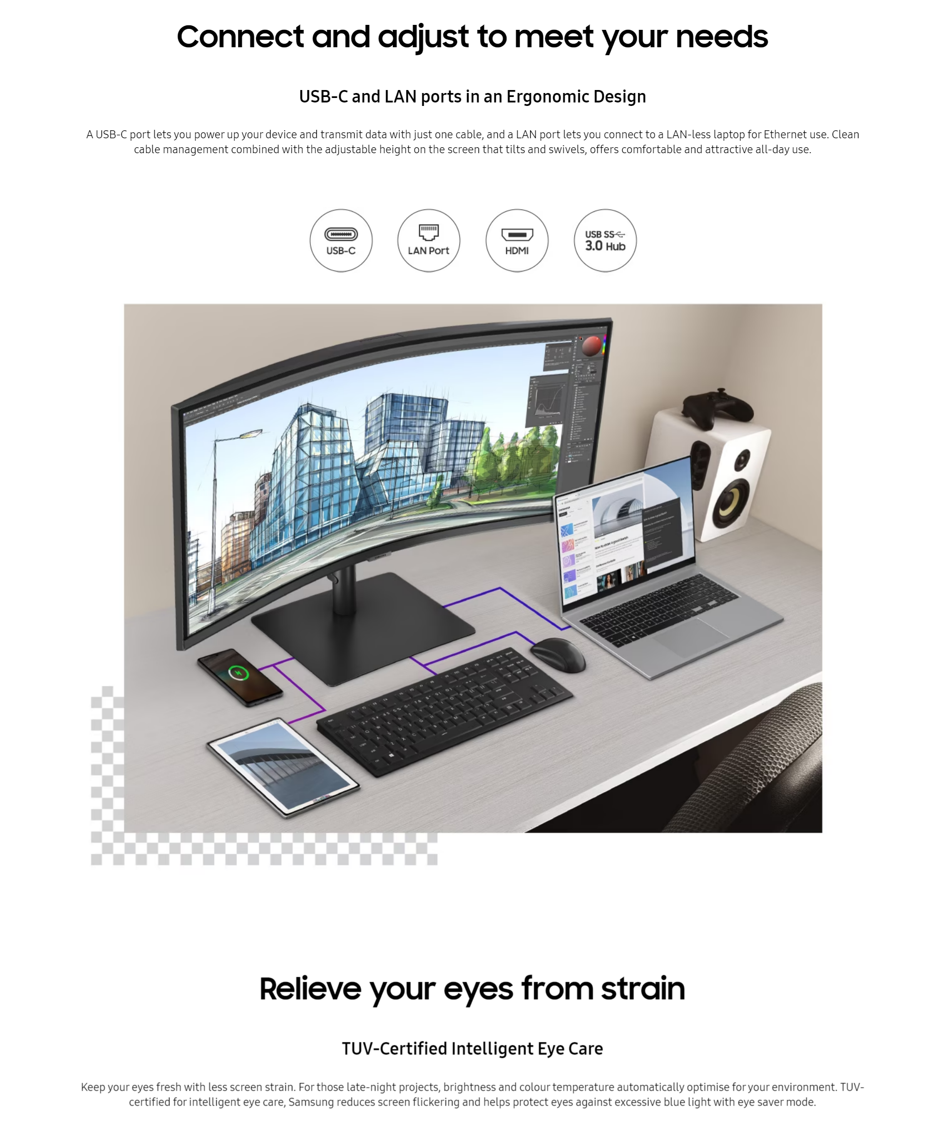 A large marketing image providing additional information about the product Samsung ViewFinity S65VC 34" Curved UWQHD Ultrawide 100Hz VA Webcam Monitor - Additional alt info not provided